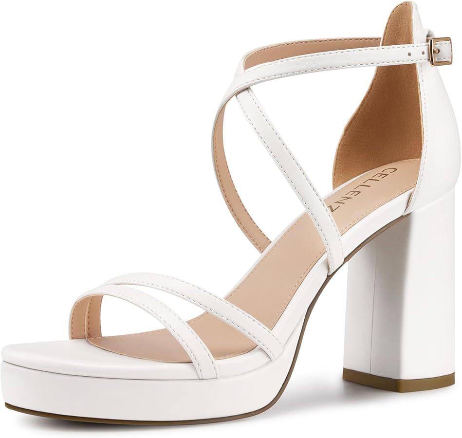 CELLENZ Women Strappy Platform Heels: 3.4 Inch Chunky Heeled Sandals, Comfortable Sexy Block High... | Amazon (US)