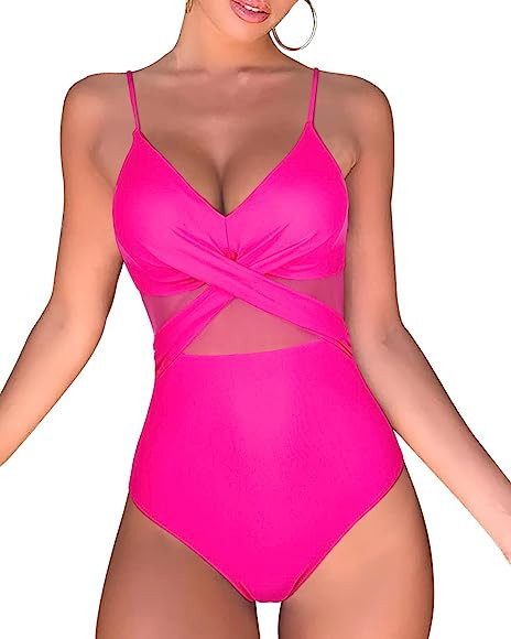 OMKAGI Women Front Crisscross One Piece Swimsuit V Neck Mesh Bathing Suit Tummy Control Monokini | Amazon (US)
