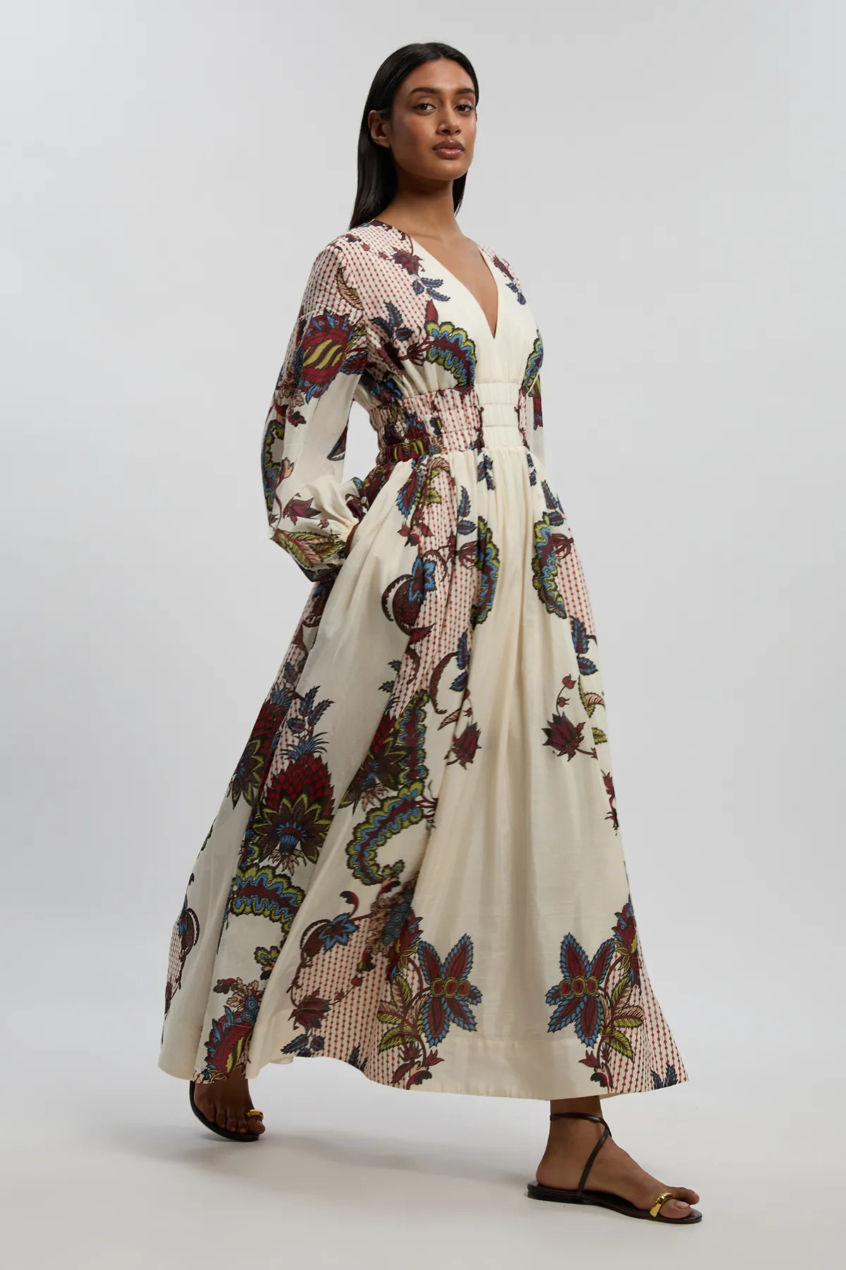 Mirror Print Balloon Sleeve Silk Cotton Maxi Dress | Karen Millen