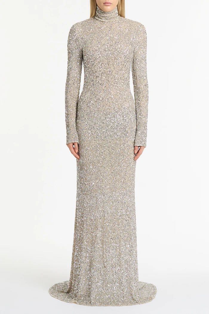 IVORY CRUSHED SEQUIN SLEEVED GOWN | Carla Zampatti