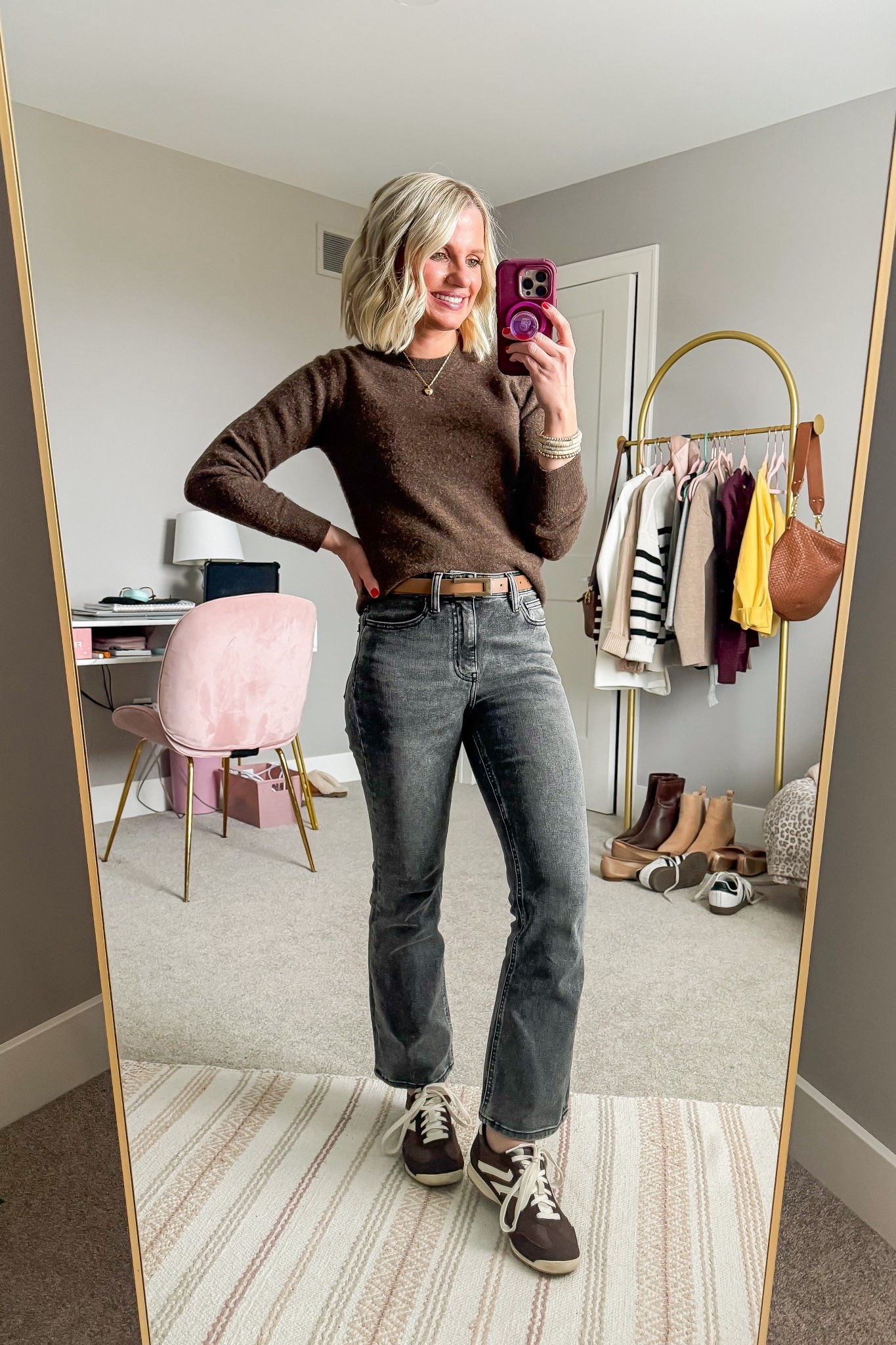 Gray jeans with a chocolate brown top is an unexpected coloring pairing, but I love how these 2 colors go together together! 
Sweater- small
Jeans- 25/26"

#LTKPetite #LTKOver40 #LTKootd