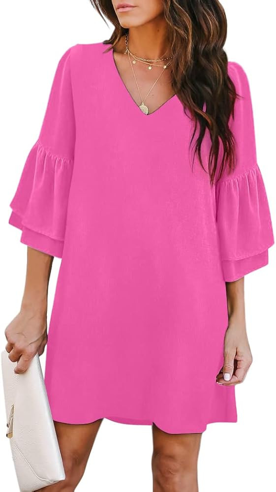 BELONGSCI Women's Dress Sweet & Cute V-Neck Bell Sleeve Shift Dress Mini Dress | Amazon (US)