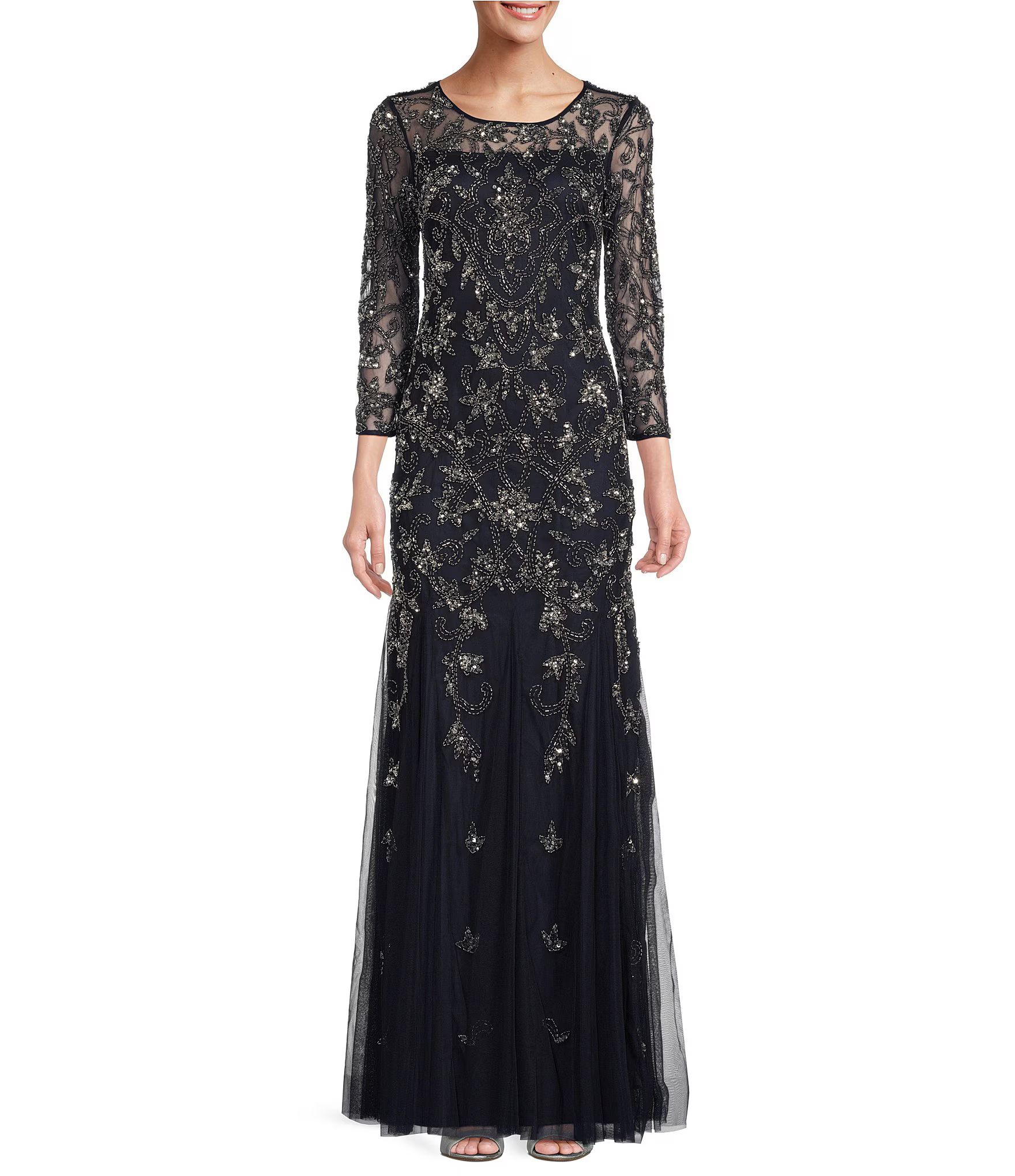 Adrianna Papell Beaded Illusion 3/4 Sleeve Scoop Neck Gown | Dillard's | Dillard's