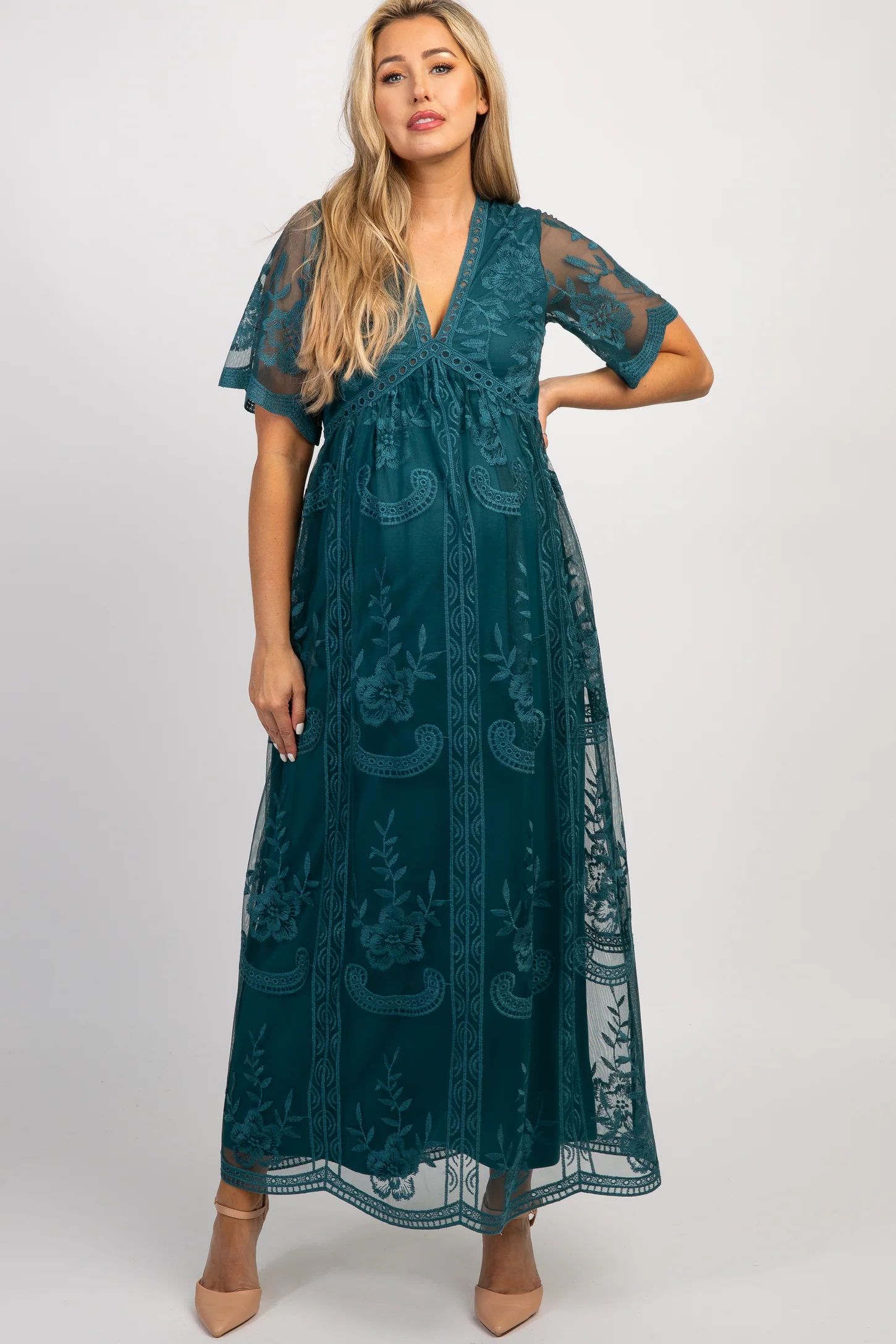 Dark Turquoise Lace Mesh Overlay Maternity Maxi Dress | PinkBlush Maternity