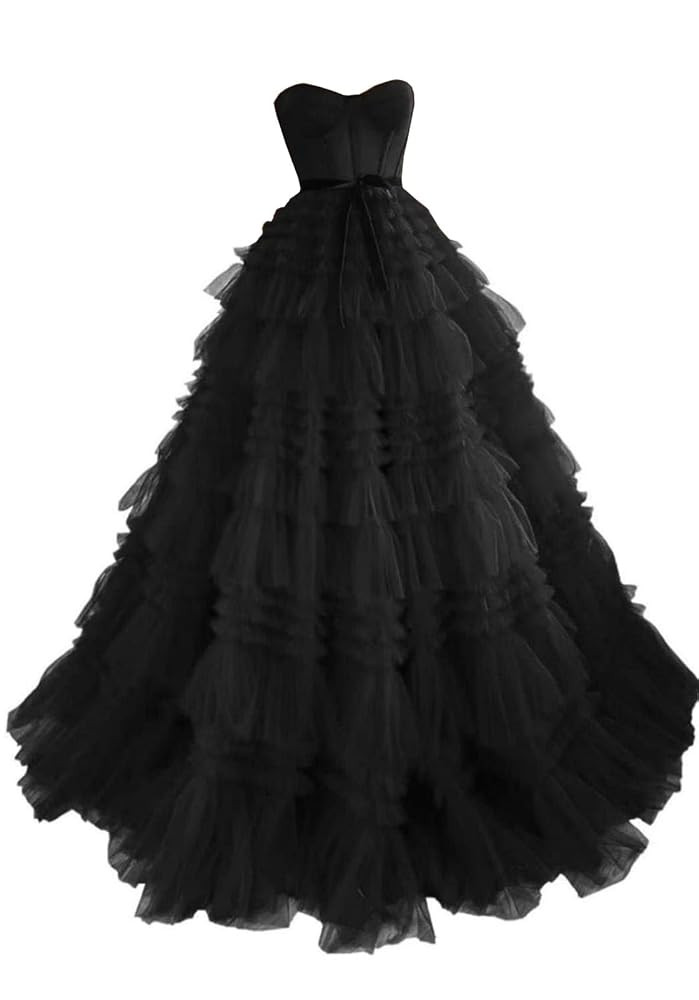 Strapless Tiered Tulle Prom Dresses Long Ball Gowns A-Line Ruffle Formal Evening Gowns for Women | Amazon (US)
