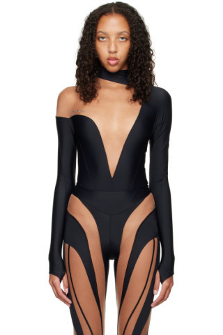 Black Asymmetrical Illusion Bodysuit | SSENSE