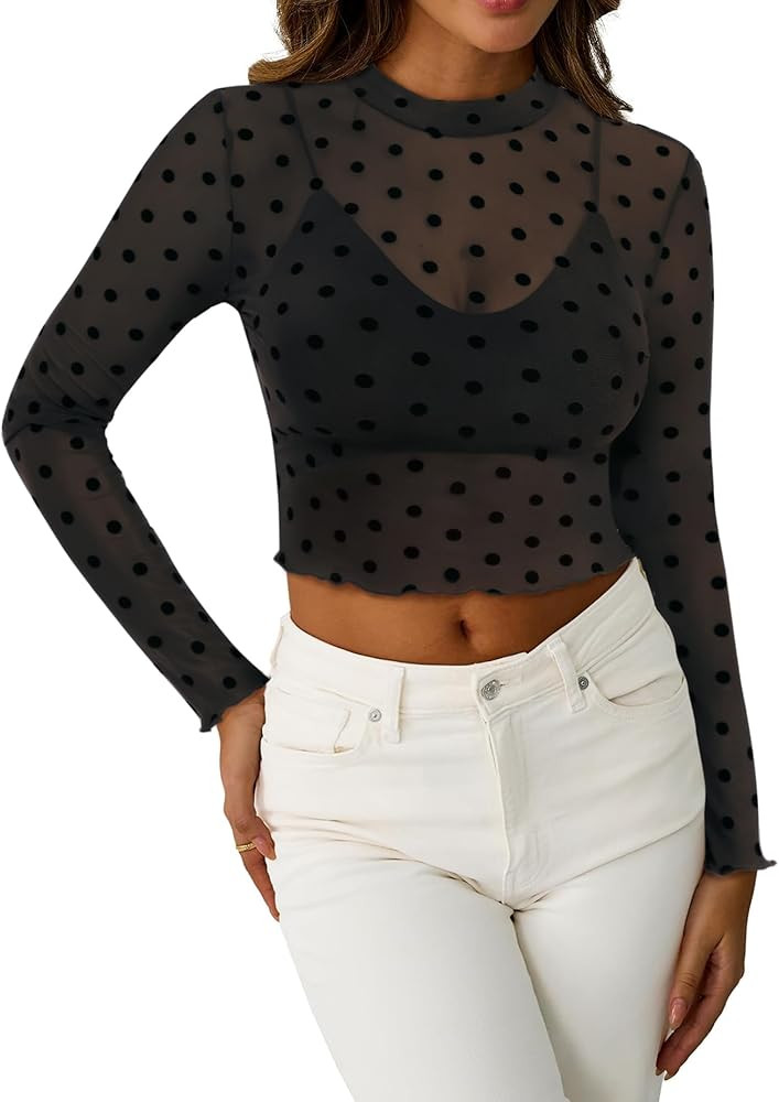 SOFIA'S CHOICE Women's Polka Dots Sheer Mesh Top Cropped Mock Neck Long Sleeve T Shirt | Amazon (US)