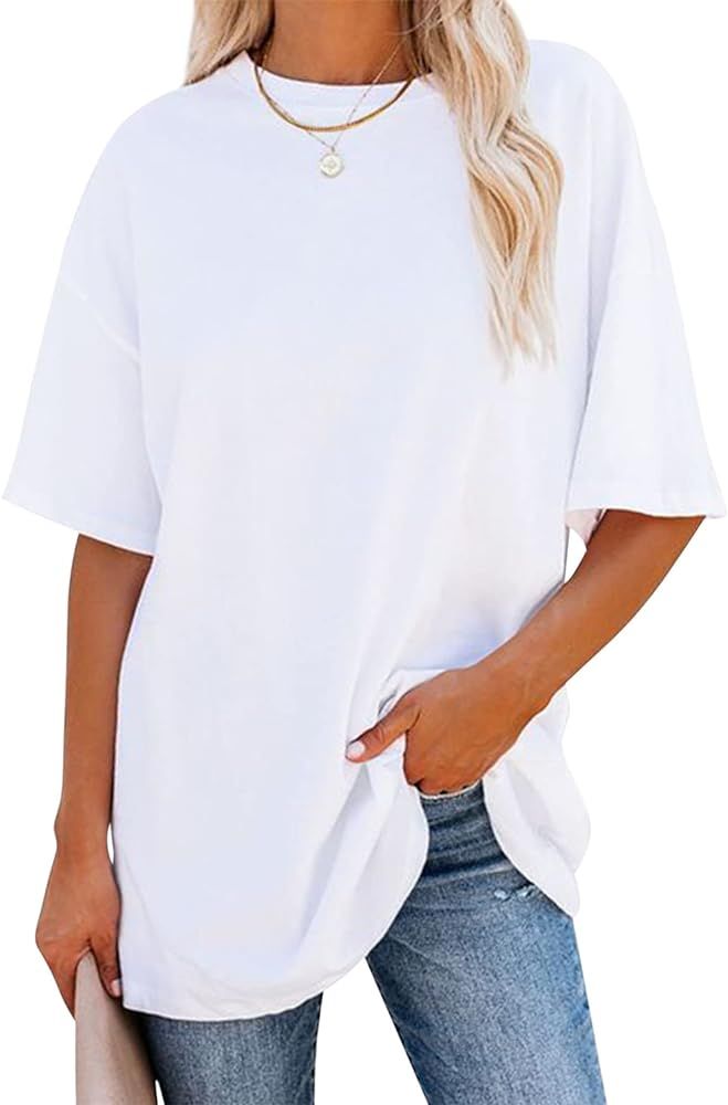 MISSACTIVER Women Solid Cotton Short Sleeve Tshirt Crewneck Oversized Drop Shoulder Shirts Plain ... | Amazon (US)