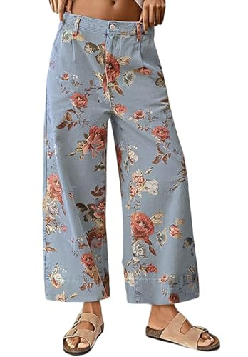 loveimgs Women Mid Rise Cropped Wide Leg Jeans Baggy Floral Ankle Pants Denim Capris Flare Print ... | Amazon (US)