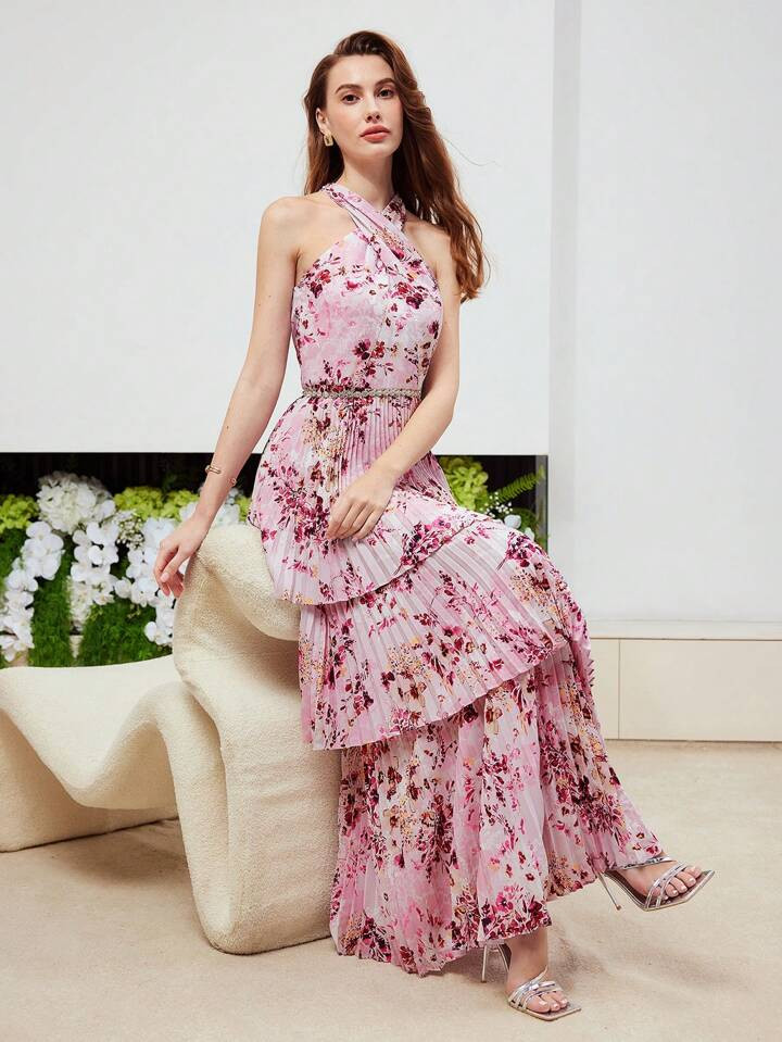 MOTF PREMIUM Gekräuseltes Rock Design Mit Blumenmuster, Kreuz Halfter Neck Kleid | aktuelle Tren... | SHEIN