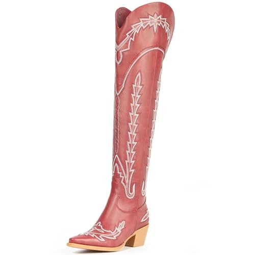 MUCCCUTE Women's Red Over-the-Knee Cowboy Boots-Western Thigh High Boots-Knee High Cowgirl Wide Calf Boots with Slide Zipper Size 11 | Amazon (US)
