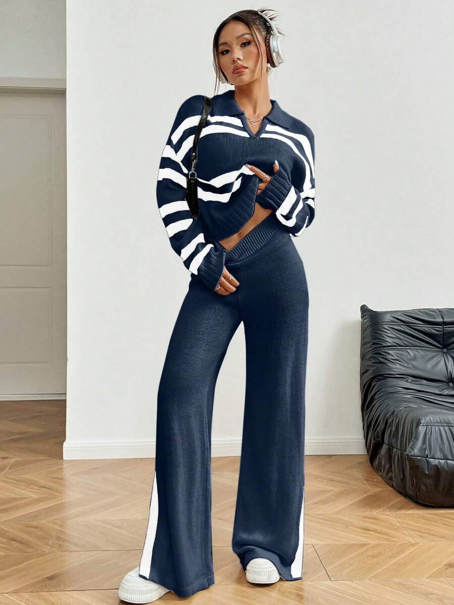Joy Knit Women Striped Collared V-Neck Sweater & Wide Leg Pants Knit 2-Piece Set, Early Spring/Au... | SHEIN