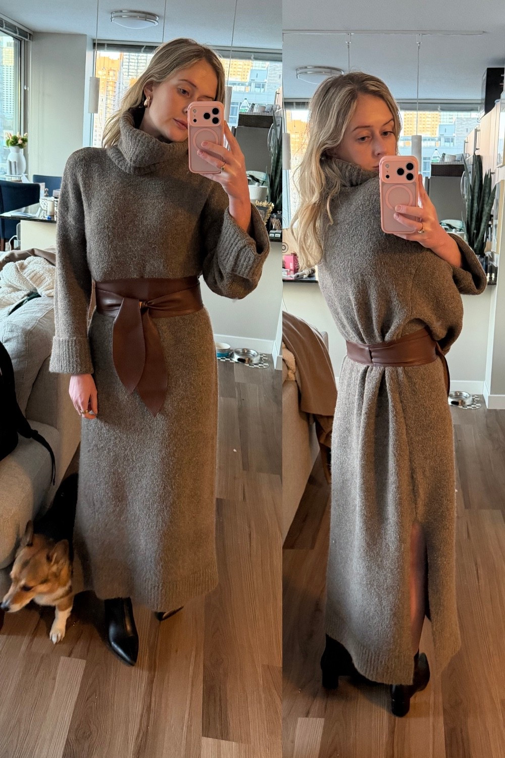 Snuggly, oversized sweater dress that is perfect for the cold season. Size down one 