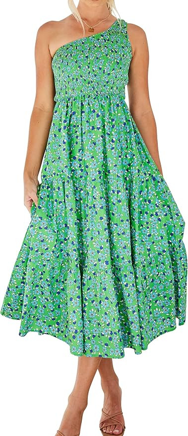 ANRABESS Women's 2024 Summer Bohemian One Shoulder Sleeveless Smocked Ruffle Tiered Beach Maxi Su... | Amazon (US)