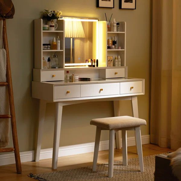 Wynnie 42" W Farmhouse Makeup Vanity Desk with Mirror and 3 Light Modes | Wayfair North America