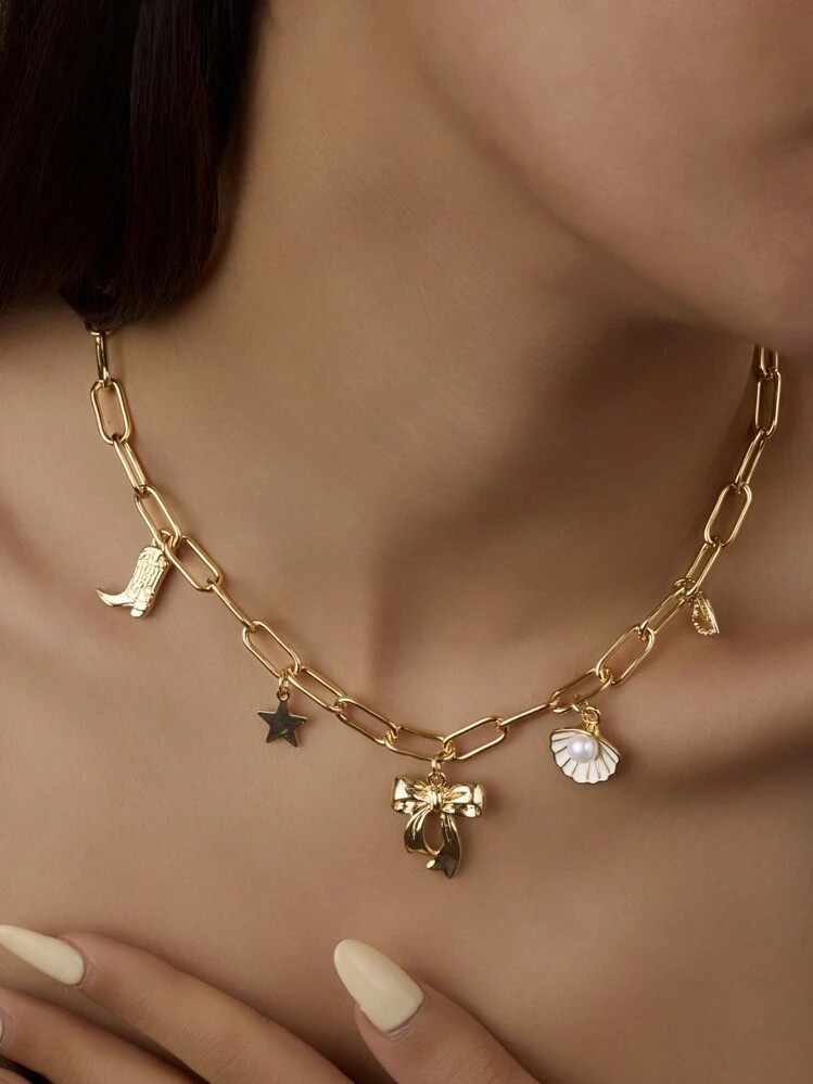 1pc Fashion Shell Pendant Necklace With Bow & Heart Charms, Alloy Multi-Pendant Necklace For Wome... | SHEIN