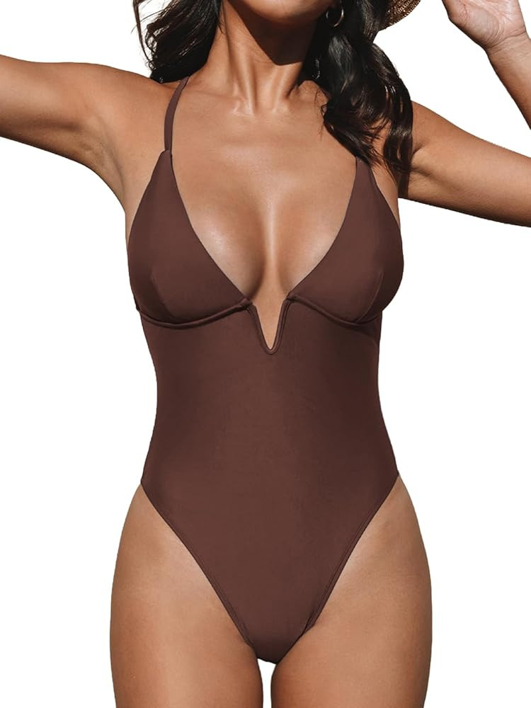 CUPSHE Women Swimsuit One Piece Bathing Suit Deep V Neck Crisscross Back Adjustable Strap | Amazon (US)