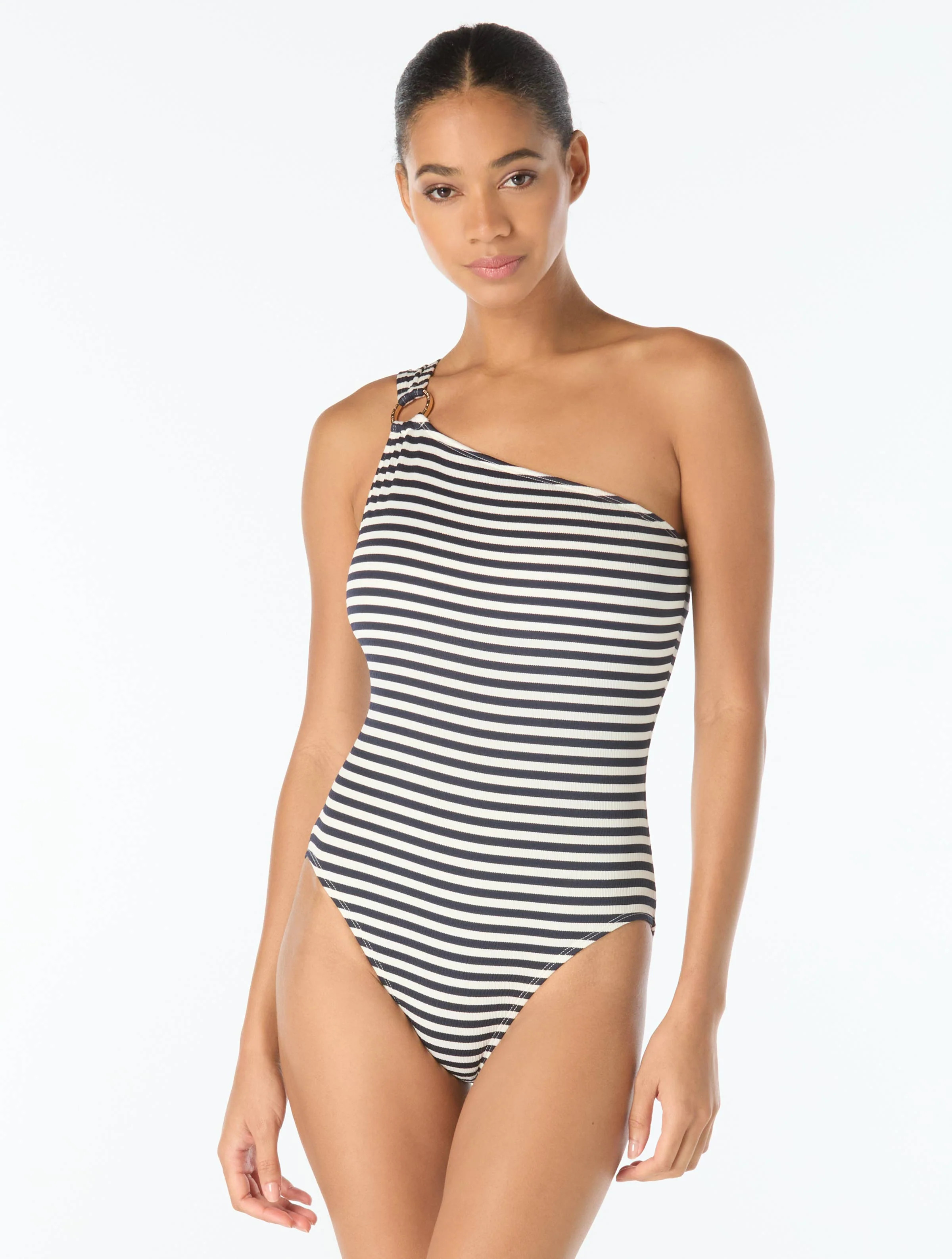 Michael Kors One Shoulder Textured One Piece Swimsuit - St Tropez Stripe | Beach2Ocean