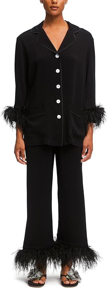 Women's Satin Silk Pajamas Sexy Feather Trim Long Sleeve Button Up Pjs Shirt Sleep Pajama Pants 2... | Amazon (US)