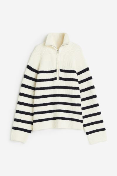 Rib-knit Half-zip Sweater - Cream/striped - Ladies | H&M US | H&M (US + CA)