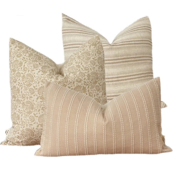 Chiangmai Native Cotton Pillow Cover, light pink striped / natural striped/ tan floral Modern Far... | Etsy (US)