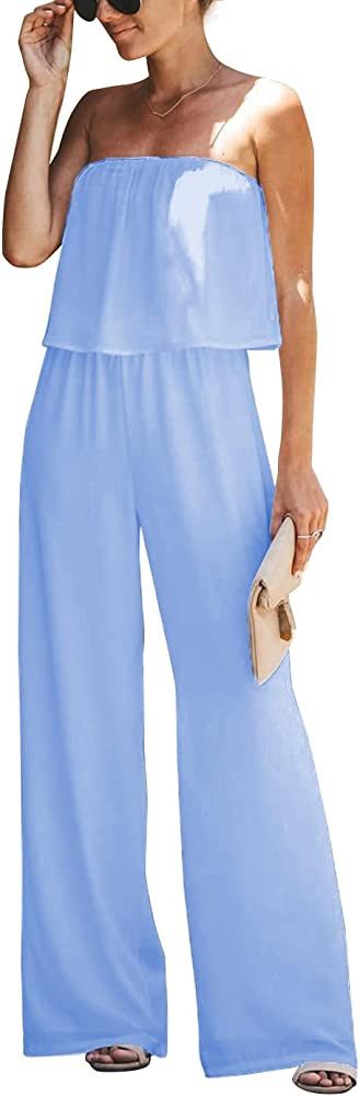 Yissang Women's Casual Off Shoulder Strapless Ruffle Wide Leg Long Palazzo Pants Jumpsuit Romper | Amazon (US)