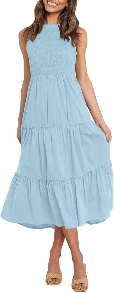 ZESICA Women's Summer Casual Sleeveless Crew Neck Smocked High Waist Flowy Tiered A Line Midi Dre... | Amazon (US)