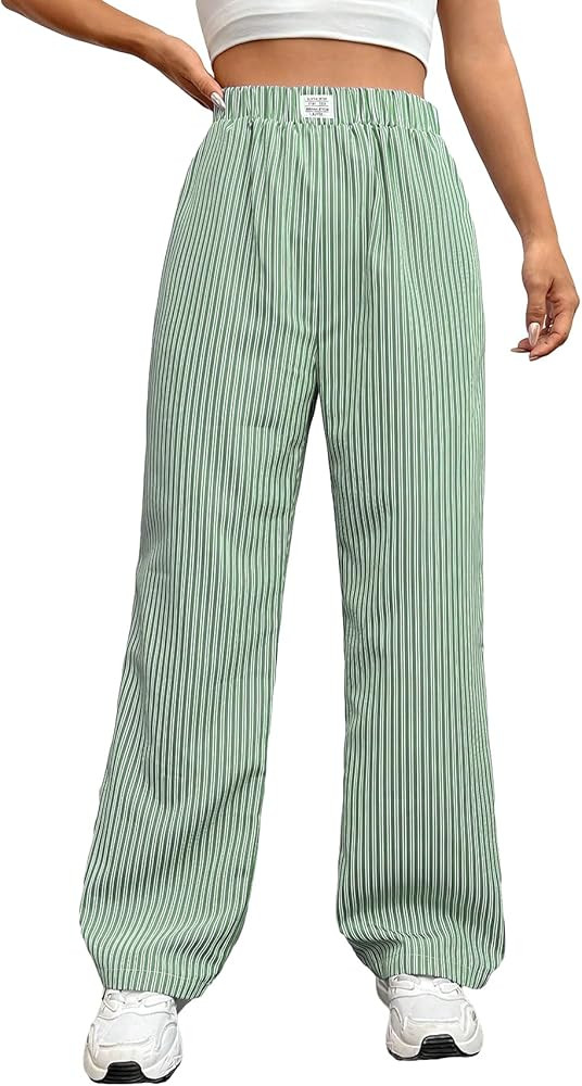 OYOANGLE Women's Straight Wide Leg Trousers Striped Print Letter Patched Detail High Waist Y2K Fa... | Amazon (US)