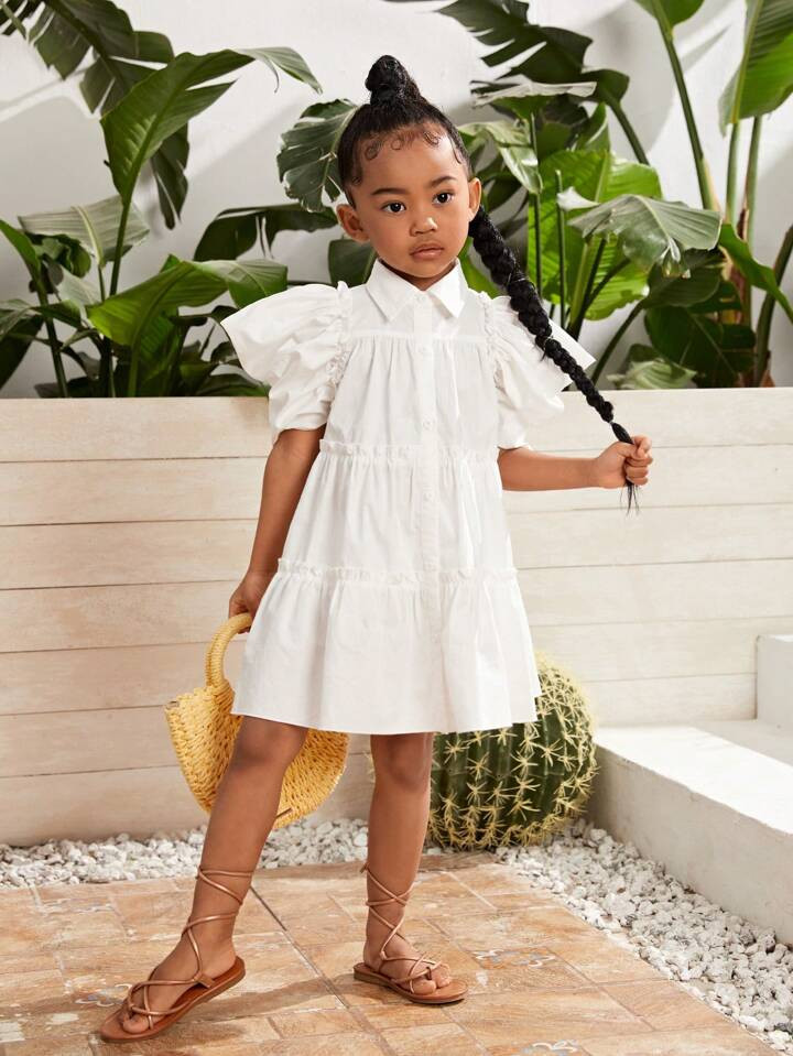 SHEIN Young Girl Woven Solid Color Elegant Bubble Sleeve Doll Dress With Ruffle Trim | SHEIN