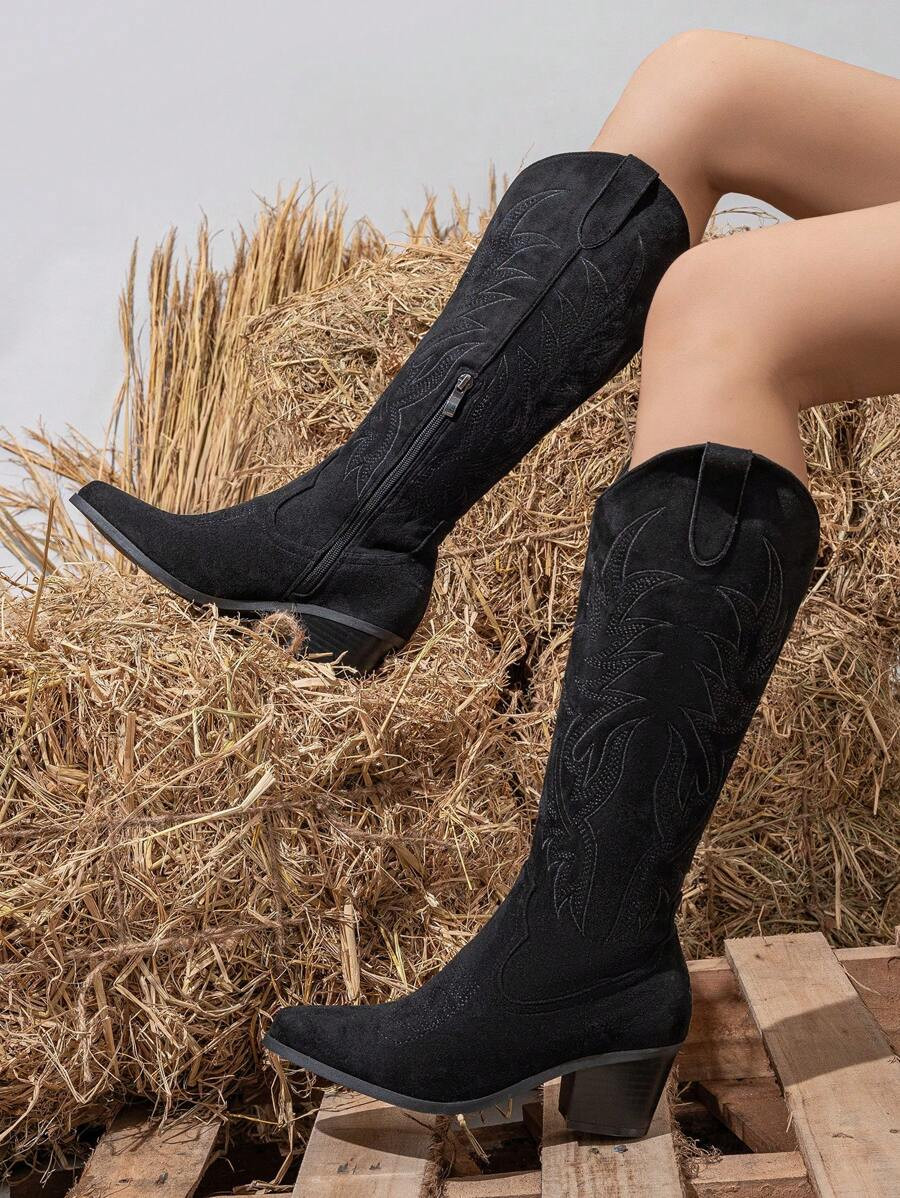 Styleloop Women's Pointed Toe Embroidered Over-The-Knee Western Boots For And Spring Shoes Spring... | SHEIN