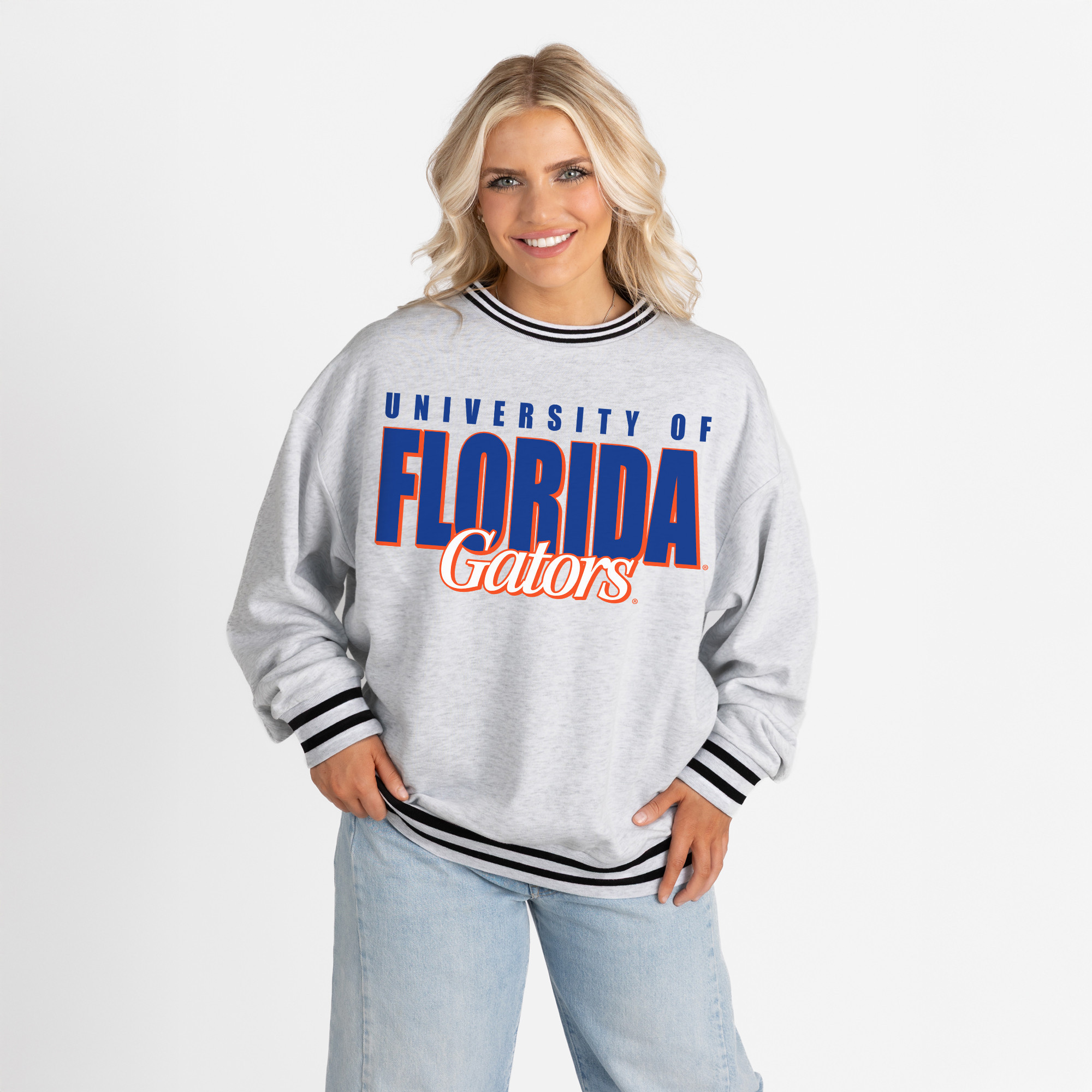 Women's Gameday Couture Gray Florida Gators Oversized Showdown Ringer Stripe Sweatshirt | Fanatics