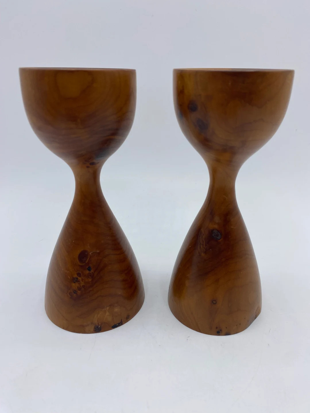 Vintage MCM Wood Turned House Glass Shape Candle Stick Holders Set of 2 | Etsy (US)