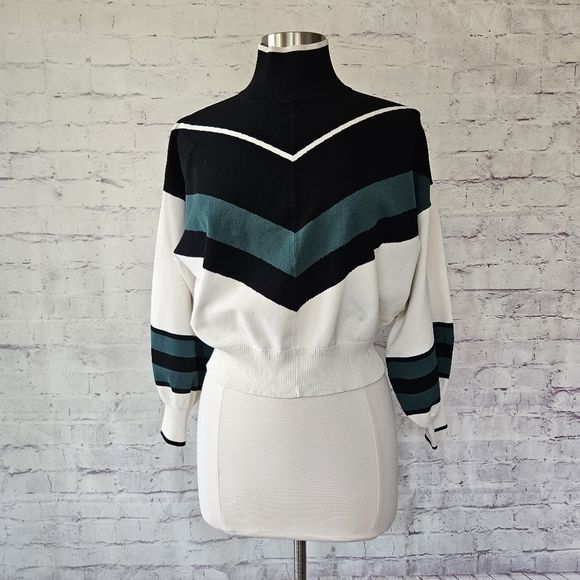 Tanya Taylor Kyra Turtleneck Sweater Cropped Cream Black Green Chevron Medium | Poshmark