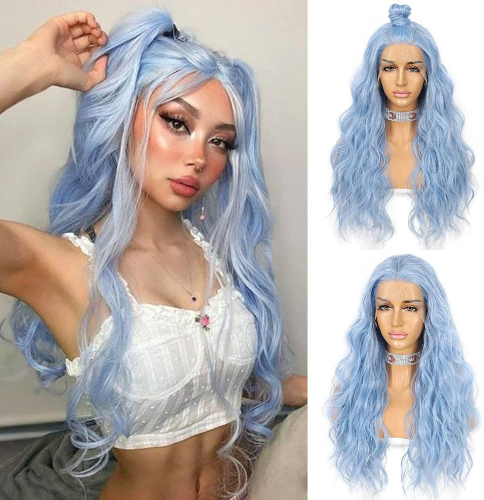 SAPPHIREWIGS Blue Wavy Lace Front Wig Long Hair Ice Blue Wigs for Women Heat Resistant Hair Daily... | Amazon (US)