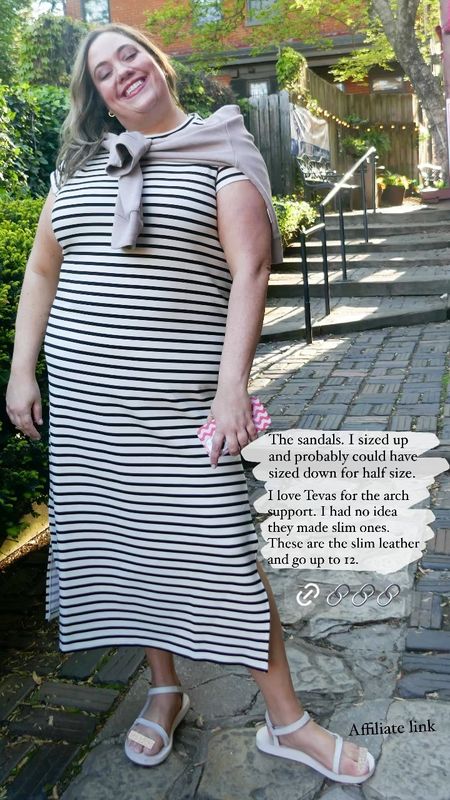 I love this SPANX dress so much. Fits true to size, but size up if in between sizes and carry weight in stomach. 

The Tevas are a little big. If half size, size down  