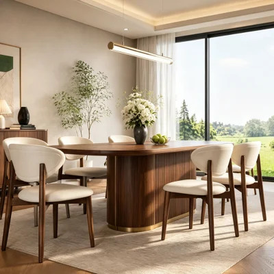 Oval Dining Table Set with 6 Upholstered Chairs, Mid-Century Wooden Dinner Table with Built-in Storage Cabinet, Curved Rounded Tabletop for Dining Roo | Wayfair North America