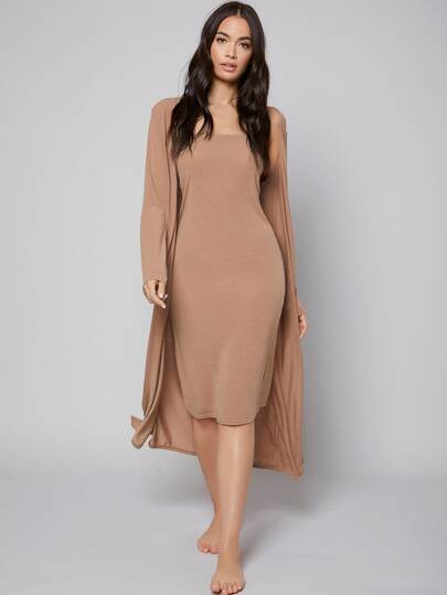 Solid Comfortable Bandeau Dress & Robe Lounge Set | SHEIN