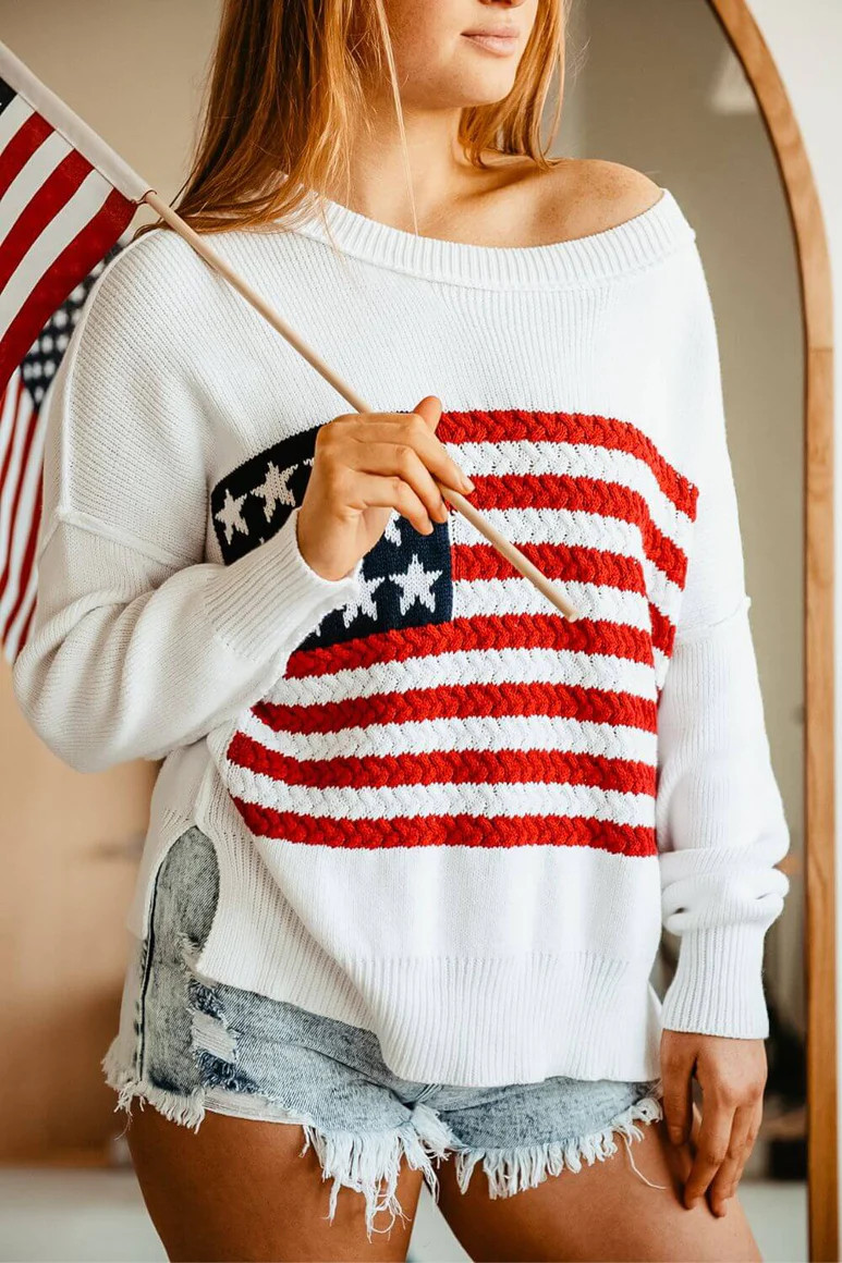 Miracle Clothing Knit American Flag Sweater for Women in White | Glik's