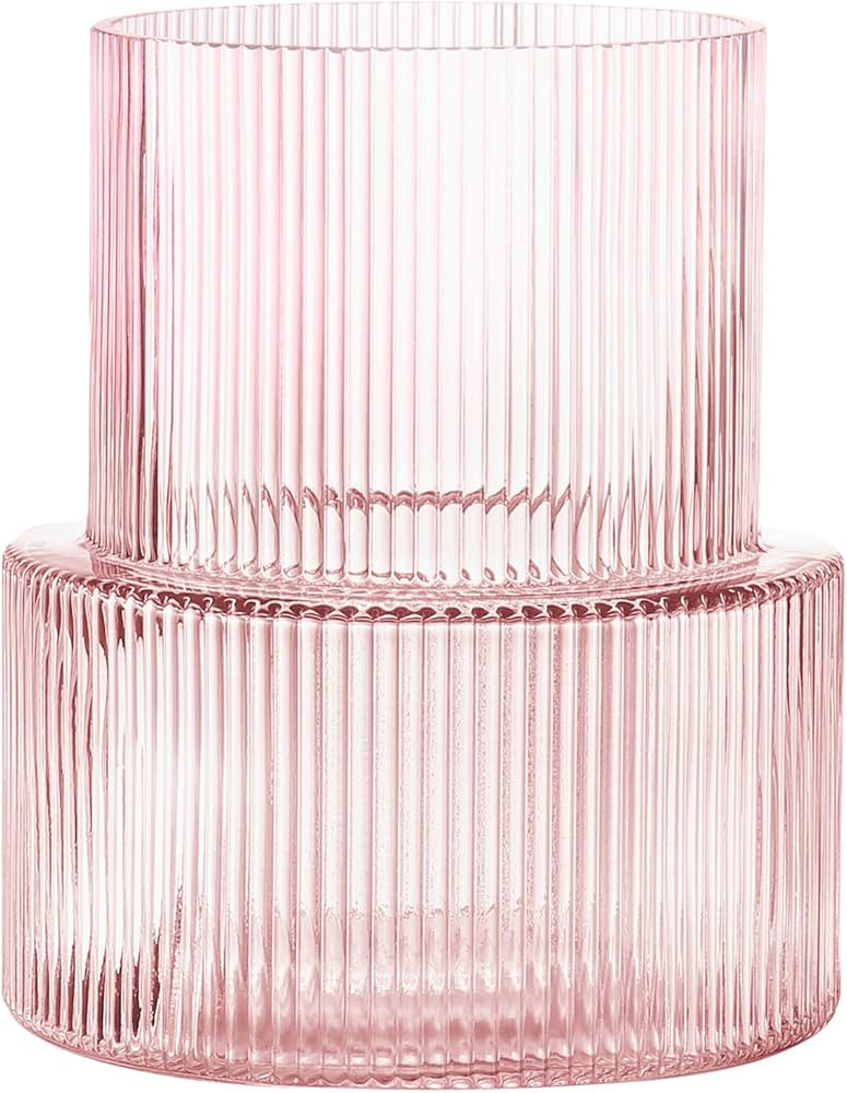 Pink Glass Vase, Ribbed Glass Vase for Tulips, Flower Vases for Bouquet, Pink Modern Vases for Li... | Amazon (US)