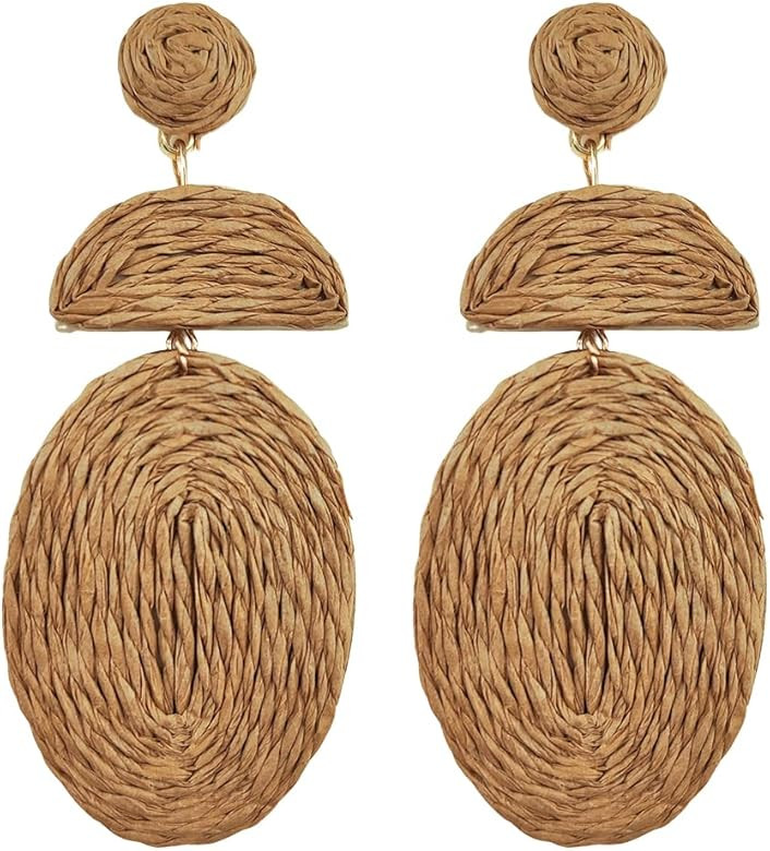 Boho Statement Raffia Dangle Earrings for Women Girls, Bohemian Round Raffia Woven Drop Earrings for | Amazon (US)