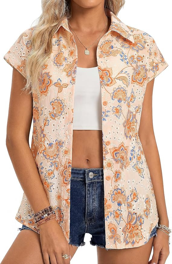 GRACE KARIN Floral Eyelet Spring Summer Tops for Women,2026 V Neck Dressy Casual Shirts,Boho Butt... | Amazon (US)
