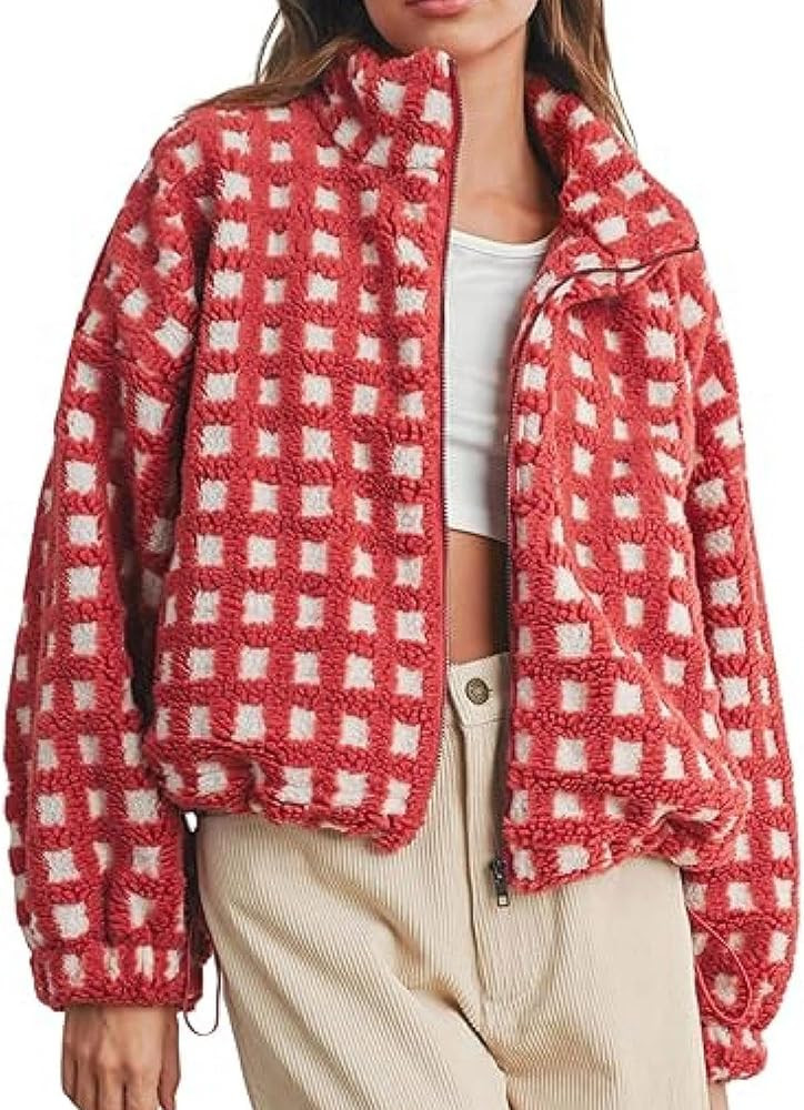 utcoco Women's Casual Cropped Sherpa Fleece Plaid Jacket Zip Up Chunky Teddy Checkered Coat Outer... | Amazon (US)