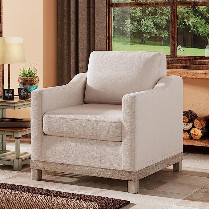Merax Contemporary Living Room Accent Chair with Rubber Wood Base, Beige Linen | Amazon (US)