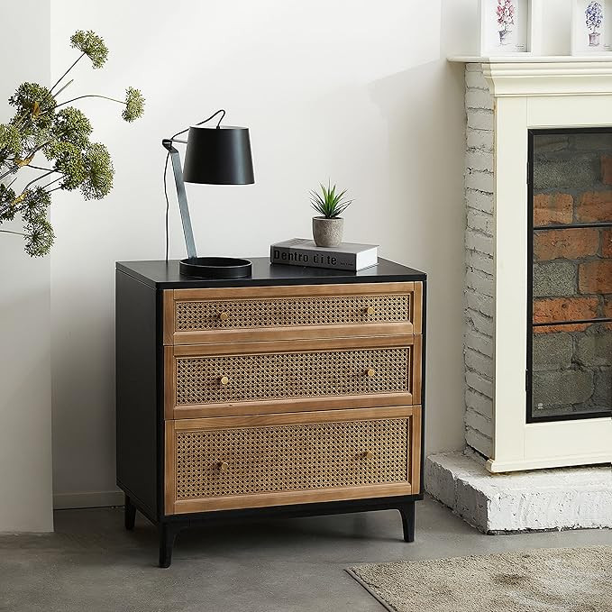 COZAYH Fully-Assembled 3-Drawer Woven Cane Front Accent Dresser with Brass Knobs for Living Room,... | Amazon (US)