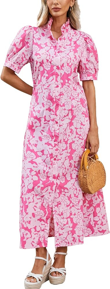 Women's Floral Button Down Shirt Midi Dress Casual Puff Sleeve Ruffle Collar Dress Summer Beach P... | Amazon (US)