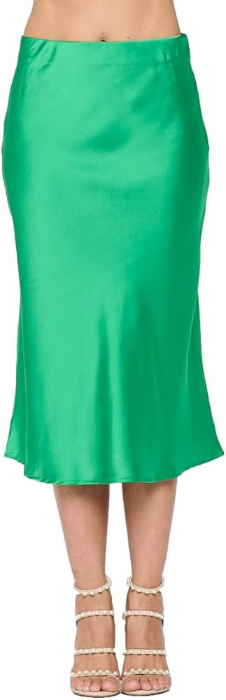 Women Solid High Waist Silky Casual Elastic Satin Midi Skirt - Made in USA (Available in Plus Siz... | Amazon (US)