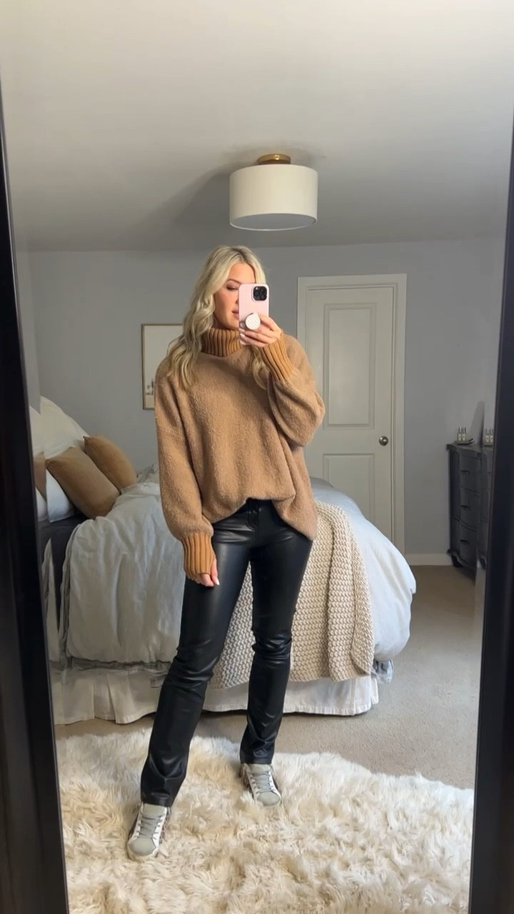 Faux leather pants with sneakers to keep it casual. Tts in everything. Turtleneck sweater. Aerie. Golden Goose 

#LTKunder100 #LTKshoecrush #LTKstyletip