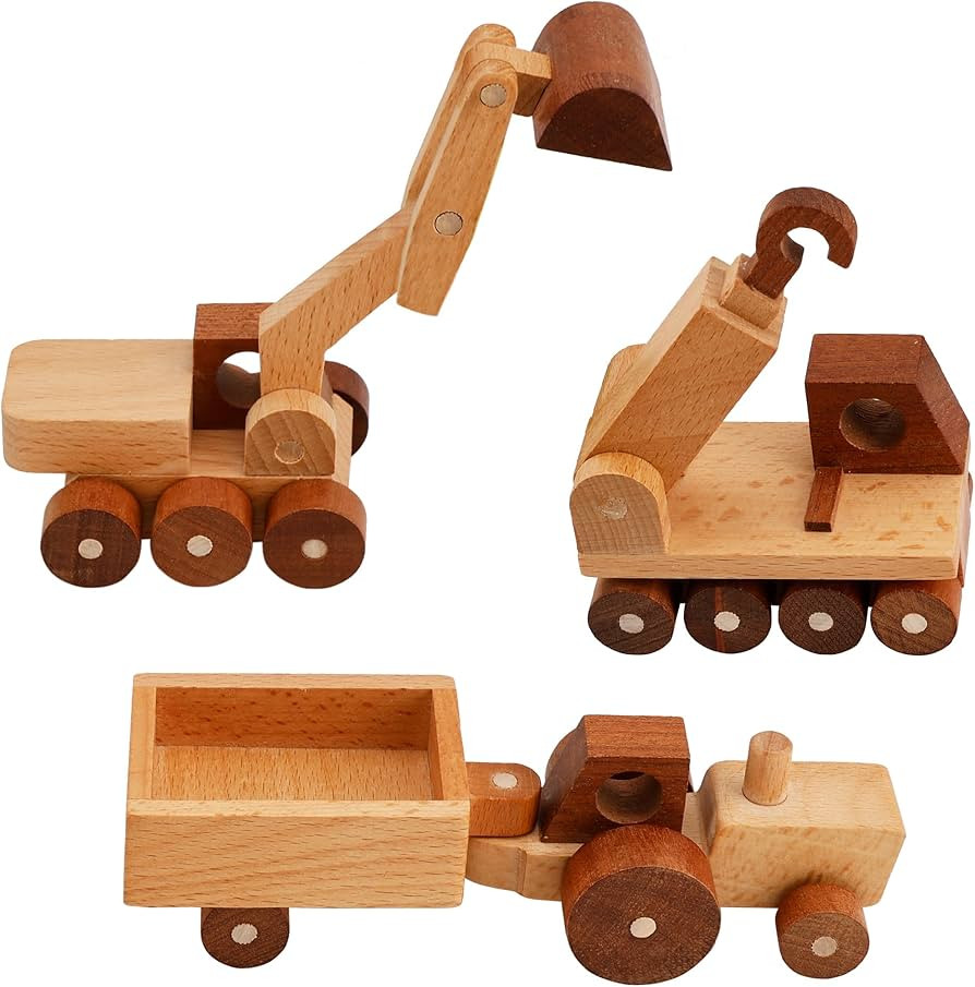 Wooden Toy Construction Vehicle Set of 3, Toddler Montessori Toys Crane Tractor Trailer Excavator... | Amazon (US)