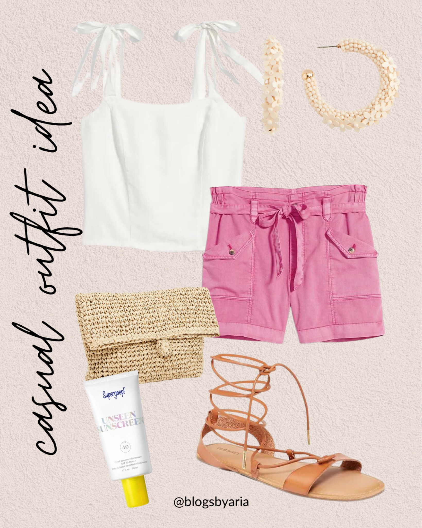Spring casual outfit idea. Summer outfit. Spring outfit. Tie waist shorts / paperbag shorts / gladiator sandals / tie shoulder top / woven bag / casual outfit / ootd / outfit of the day

#LTKSeasonal #LTKstyletip #LTKunder50