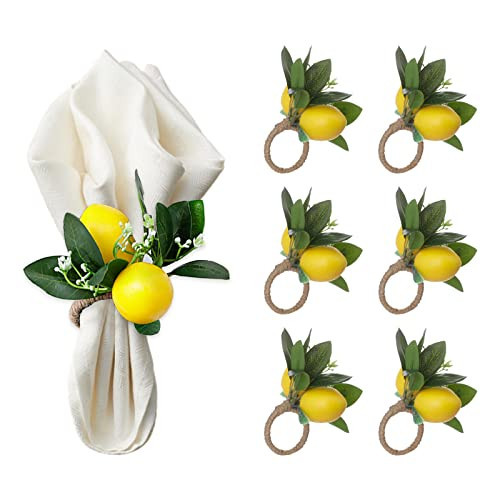 KWQBHW Lemon Napkin Rings Set of 6 Yellow Lemon Vine Leaf Napkin Holder Spring Summer Lemon Napkin Ring Holder for Wedding Dinner Party Table Decor | Amazon (US)